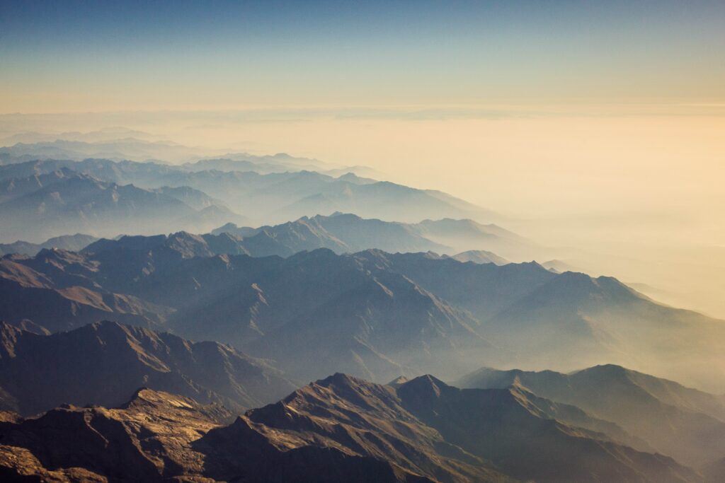 View over mountains with fog