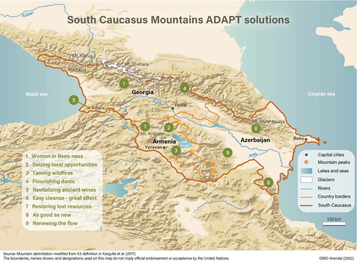 Map of South Caucasus Mountains ADAPT solutions, by GRID-Arendal.