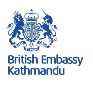 The royal crest and British Embassy Kathmandu in blue