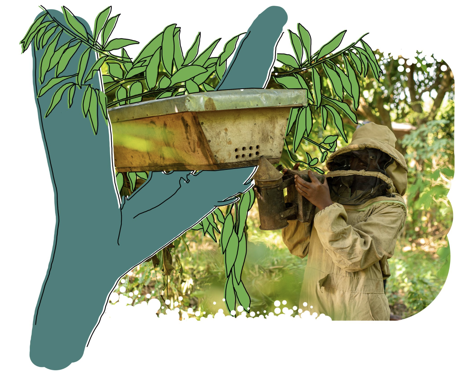 A beekeeper with green leaves in the background