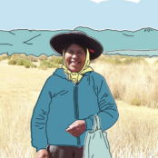 Illustration of woman wearing a hat and blue coat in a field of yellow grass