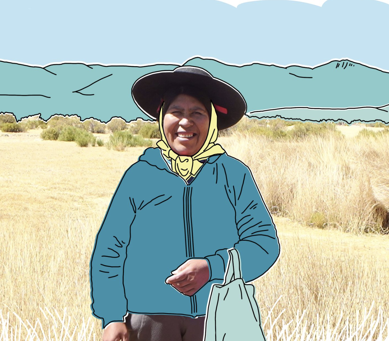 Illustration of woman wearing a hat and blue coat in a field of yellow grass