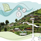 photo of green hill slope with settlements and drawings of money