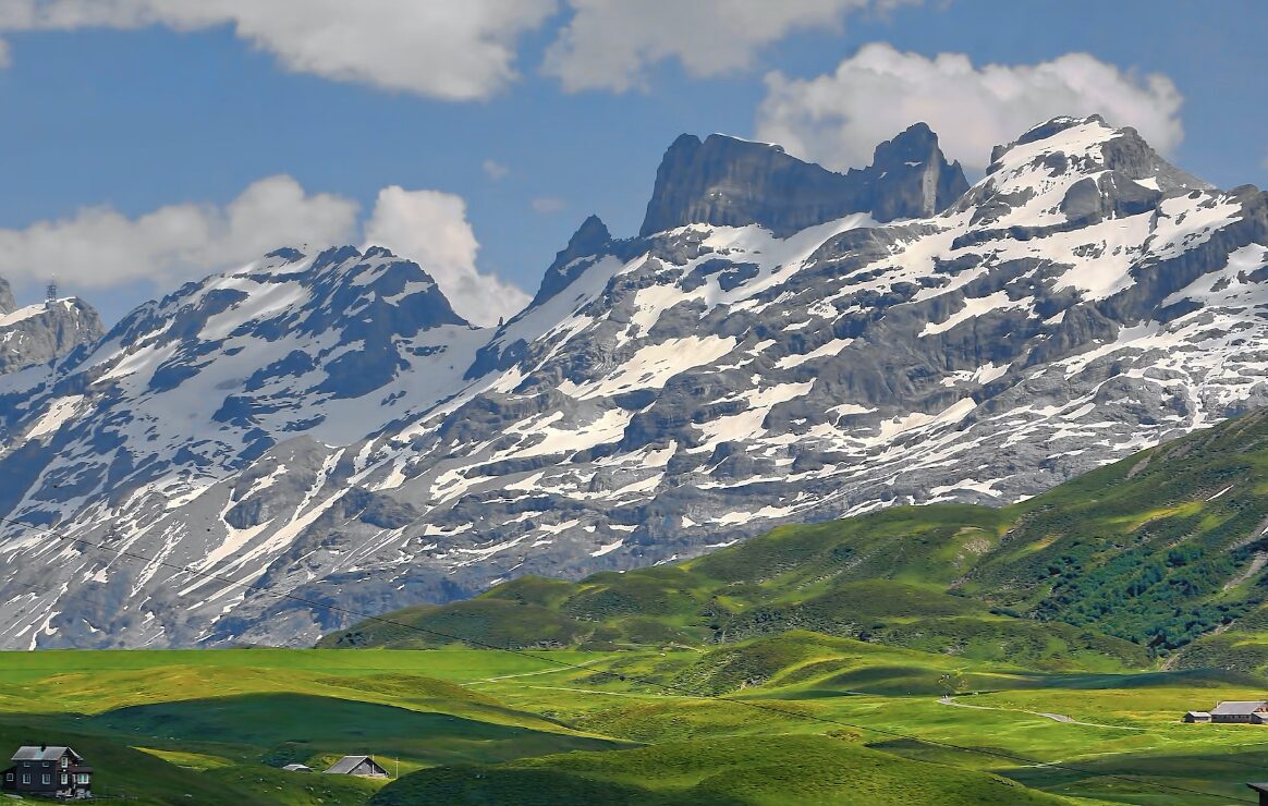 snow covered mountains with green grass