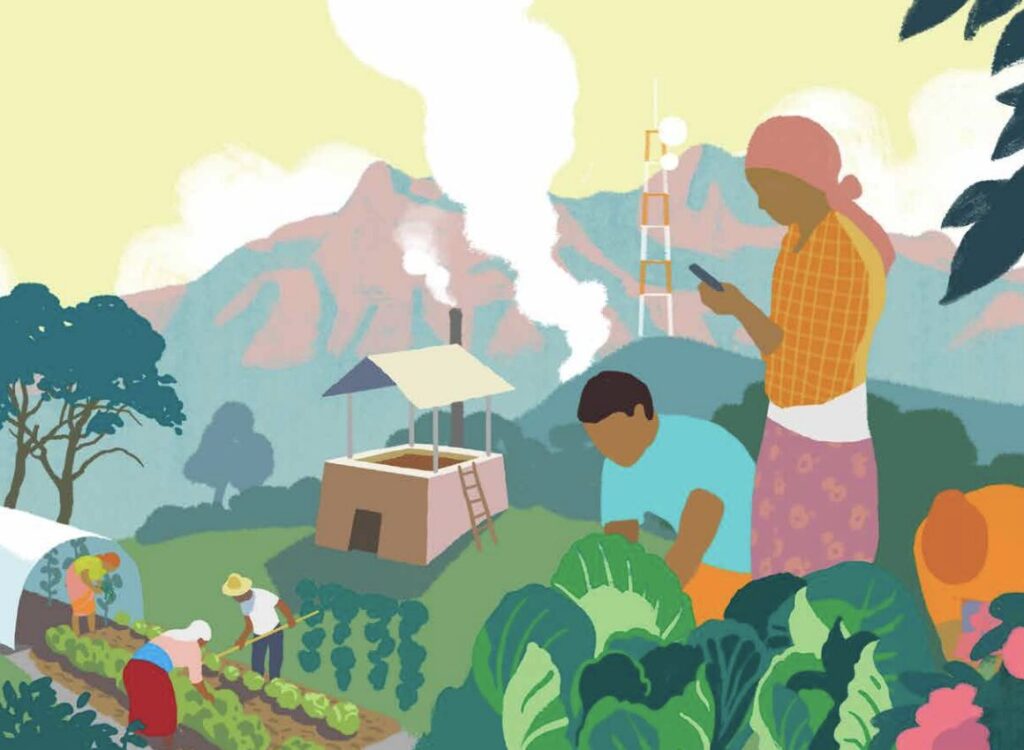 Illustration of people planting in front of a mountain