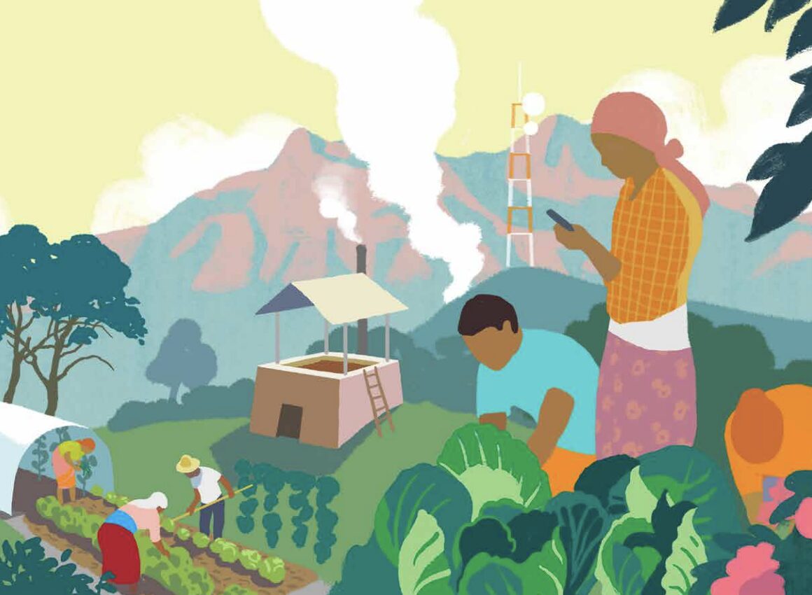 Illustration of people planting in front of a mountain